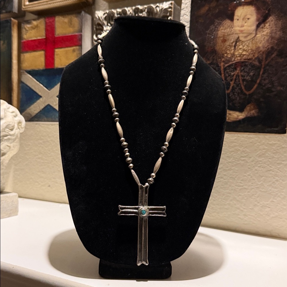 Navajo Authentic Vintage Dean Brown Sterling‎ Silver & Turquoise Cross Necklace